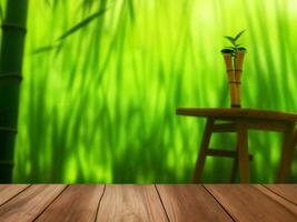 houten tafel Aan bamboe fabriek achtergrond ai gegenereerd foto