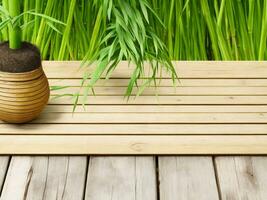 houten tafel Aan bamboe fabriek achtergrond ai gegenereerd foto