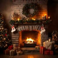 haard met Kerstmis boom decoraties, kaarsen en presenteert. knus Kerstmis huis. ai generatief. foto
