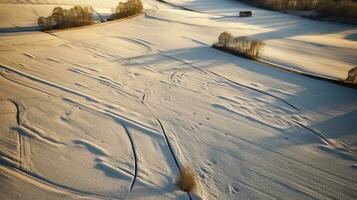 antenne visie van een met sneeuw bedekt veld- in winter Bij zonsondergang. ai gegenereerd beeld foto