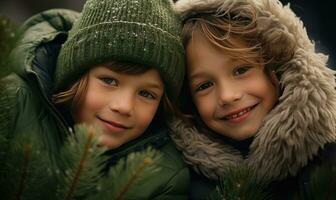 twee kinderen glimlachen samen. winter seizoen. zonsondergang licht. ai gegenereerd foto