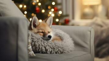 ai gegenereerd schattig weinig vos slapen Aan sofa in kamer met Kerstmis boom en lichten foto