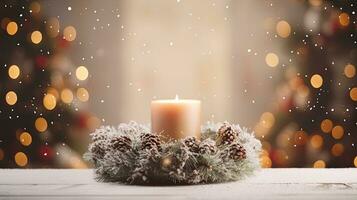 ai generatief Kerstmis decoratie met brandend kaarsen en Spar takken Aan sneeuwval achtergrond. foto