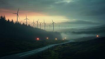 foto van een pittoreske zonsondergang met een groep van windmolens Aan een heuvel. ai generatief