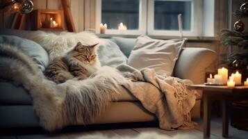 schattig kat slapen Aan sofa in leven kamer Bij Kerstmis tijd ai gegenereerd foto