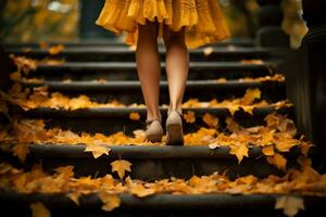 mooi poten van een jong meisje in laarzen Aan de trap met gedaald bladeren. herfst concept. ai generatief. foto