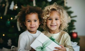 ai gegenereerd twee kinderen uitpakken Kerstmis presenteert samen. kinderen in wit krans in de buurt Kerstmis boom. familie concept. foto