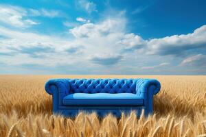 een blauw sofa in een veld- van tarwe. een symbool van vrede en comfort tussen de oogst foto