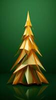 elegant goud Kerstmis boom in laag poly kunst Aan groen achtergrond. minimalistisch Kerstmis boom foto