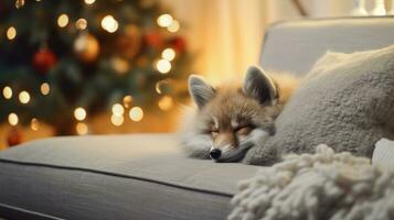 ai gegenereerd schattig weinig vos slapen Aan sofa in kamer met Kerstmis boom en lichten foto