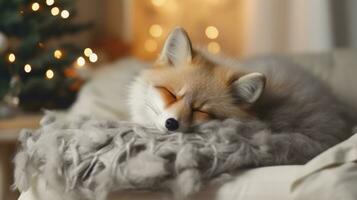 ai gegenereerd schattig weinig vos slapen Aan sofa in kamer met Kerstmis boom en lichten foto