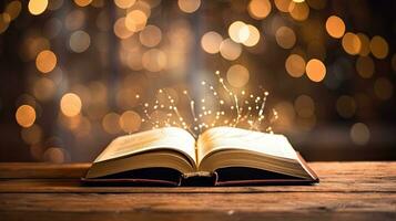 ai generatief Open boek met gloeiend lichten Aan bokeh achtergrond. Kerstmis en nieuw jaar concept foto