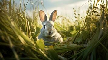 ai generatief schattig weinig konijn in groen gras. Pasen konijn in de gras. foto