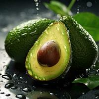 ai generatief vers avocado met water druppels Aan zwart achtergrond. gezond voedsel concept. besnoeiing voor de helft avocado. foto