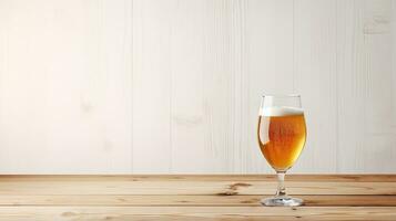 ai generatief glas van bier Aan houten tafel over- wit houten muur achtergrond. bespotten omhoog. ruimte voor tekst. foto