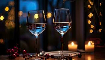 ai generatief twee bril van wit wijn Aan een tafel in een restaurant met Kerstmis decoraties foto