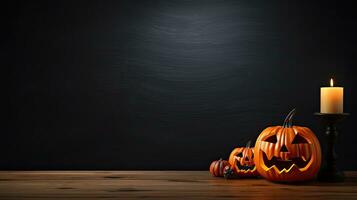 jack lantaarn Aan de tafel. halloween nacht. brandend kaarsen. halloween achtergrond. ai gegenereerd beeld foto