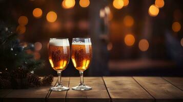 ai generatief twee bril van bier Aan houten tafel met Kerstmis lichten. bokeh achtergrond. elementen van Kerstmis decoratie Aan de tafel. foto