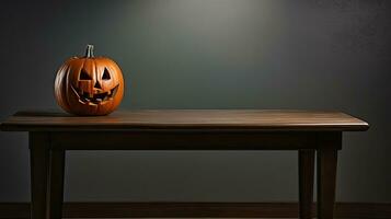 single jack lantaarn Aan tafel. grijs achtergrond. element van halloween decoratie. ai generatief foto