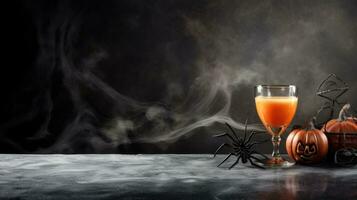 ai generatief halloween pompoenen met een glas van pompoen sap Aan donker achtergrond foto