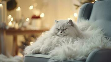 mooi wit kat aan het liegen Aan de bankstel in de leven kamer. ai gegenereerd foto