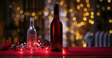 ai generatief rood wijn fles met Kerstmis decoraties Aan achtergrond bokeh. foto