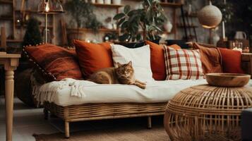schattig gember kat aan het liegen Aan sofa in knus leven kamer. knus huis atmosfeer. ai gegenereerd foto