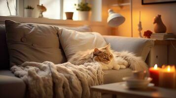 schattig kat slapen Aan sofa in leven kamer Bij Kerstmis tijd ai gegenereerd foto