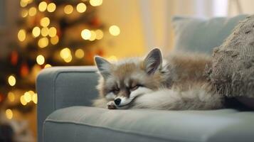 ai gegenereerd schattig weinig vos slapen Aan sofa in kamer met Kerstmis boom en lichten foto