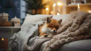 schattig weinig vos slapen Aan sofa in kamer met Kerstmis boom en lichten ai gegenereerd foto