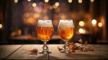 ai generatief twee bril van bier Aan een houten tafel met bokeh lichten in de achtergrond. herfst droog bladeren Aan de tafel. foto