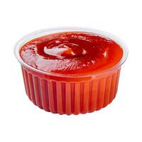 ketchup in een plastic kom geïsoleerd Aan wit foto