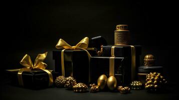zwart achtergrond met gouden cadeaus en dozen foto