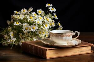 kop van thee met kamille bloemen Aan oud boek, mooi samenstelling met kamille bloemen in beker, oud boek, ai gegenereerd foto