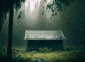 huis in de midden- van de Woud in de regenachtig seizoen foto