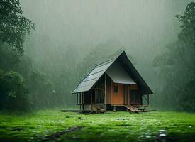 huis in de midden- van de Woud in de regenachtig seizoen foto