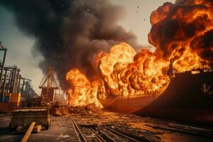 brandend lading schip met containers in de zeehaven generatief ai foto