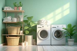 wasserij kamer met het wassen en droger machine. generatief ai foto