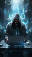 hacker typen Aan laptop anoniem concept. generatief ai foto