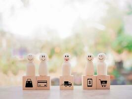 houten menselijk figuur en houten blok met online boodschappen doen en e-commerce pictogrammen set. foto