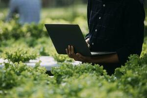 in de industrieel kas twee agrarisch ingenieurs test planten Gezondheid en analyseren gegevens met tablet computer. foto