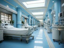 ai gegenereerd helder blauw en wit kleuren ziekenhuis foto