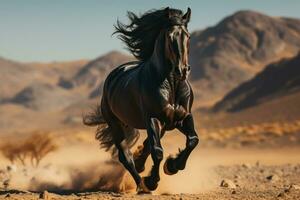 zwart Arabisch paard hengst rennen in de woestijn. ai generatief foto