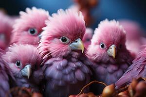 groep van roze papegaaien zittend Aan een Afdeling in de tuin. ai generatief foto