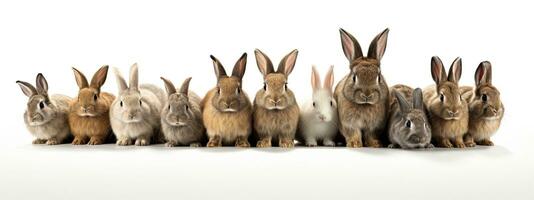 groep van Pasen konijntjes in voorkant van een wit achtergrond. ai generatief foto