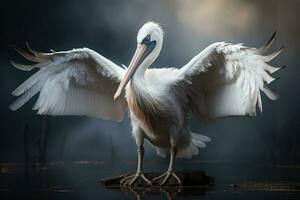 Super goed wit pelikaan pelecanus onocrotalus in de mistig mysticus Woud, Aan de meer. een groot pelikaan met verspreiding haar Vleugels ai generatief foto
