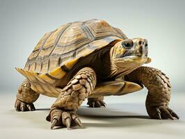 3d renderen van een schildpad Aan een grijs achtergrond met schaduw. Afrikaanse aangespoord schildpad geochelone sulcata. ai generatief foto