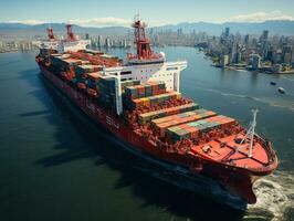 antenne visie van houder lading schip met werken kraan brug in haven. ai generatief foto