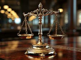 balans van gerechtigheid Aan houten tafel in rechtszaal. 3d veroorzaken. ai generatief foto