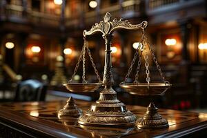 balans van gerechtigheid Aan houten tafel in rechtszaal. 3d veroorzaken. ai generatief foto